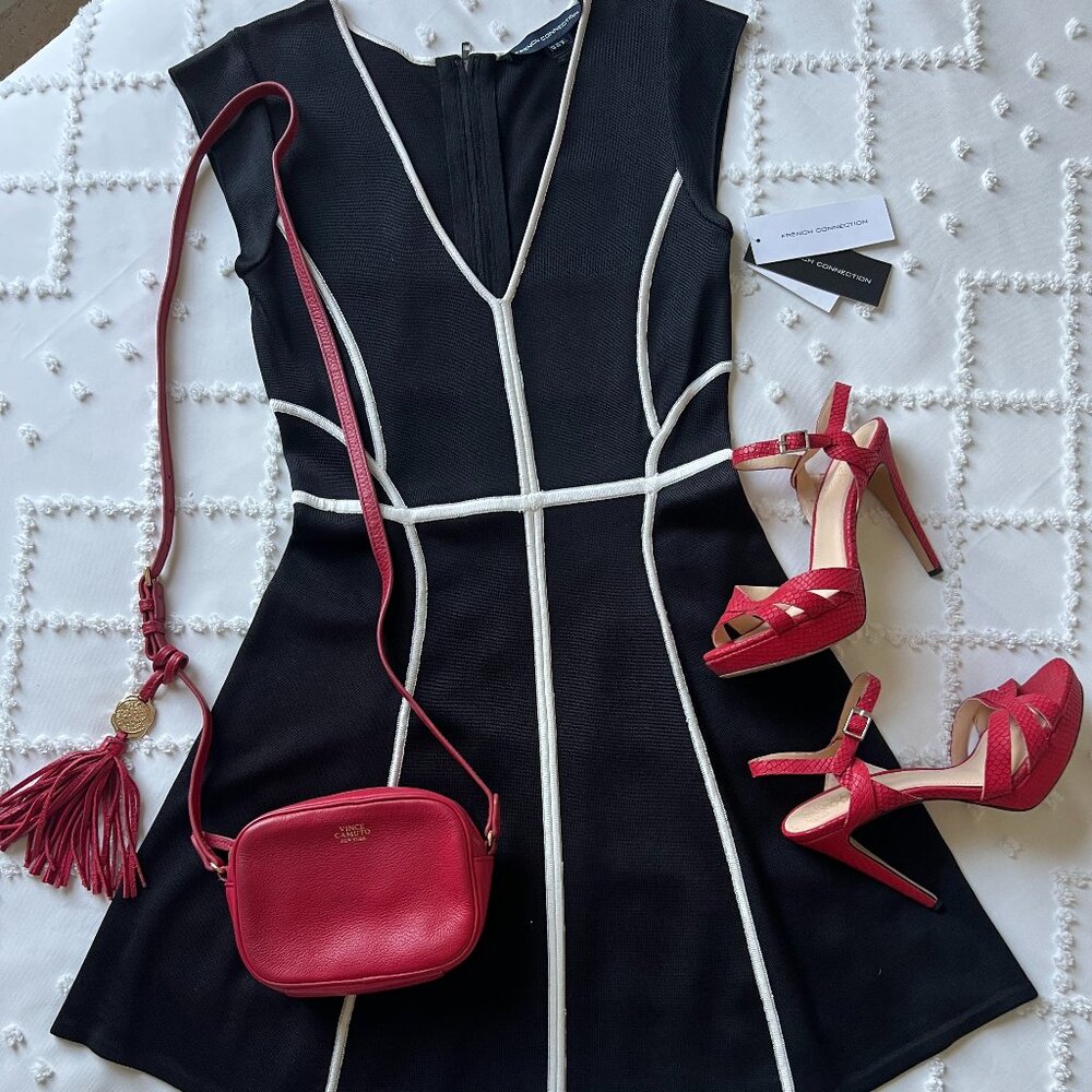 French Connection Black Knit dress with White piping Size 8